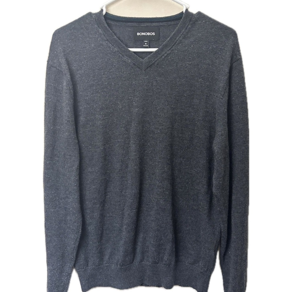 Bonobos 100% Merino Wool V-Neck Sweater Mens Medium Gray Lightweight Luxury Knit